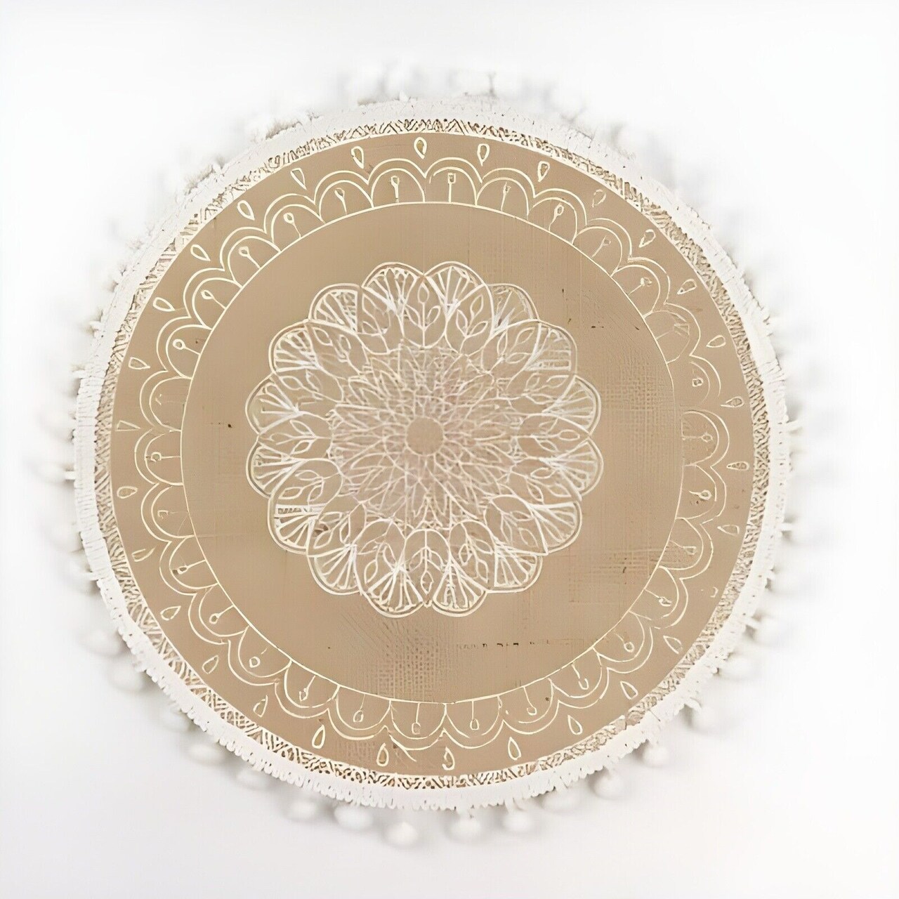 4 Round 15" Natural White Printed Burlap Woven Placemats Beaded Rim Party Events